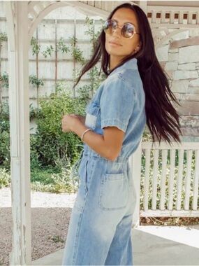 KanCan Light Blue Rhiannon Denim, Short Sleeve, Jumpsuit  Sz L